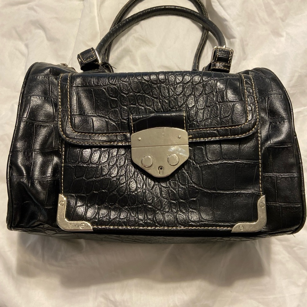 Elegant Black Crocodile-Embossed Handbag